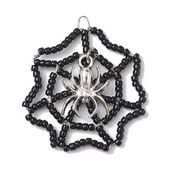 Black Seed Beads Beaded Charms, Spider Web Pendants, with Alloy Spider, Black, 39x34.5x3mm, Hole: 4x3mm