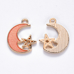 Легкий Лосось Подвески из эмали и сплава, Луна и звезды, золотой свет, светлый померанцевый, 19x16x2 мм, отверстие : 1.8 мм