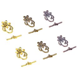 Mixed Color Tibetan Silver Toggle Clasps, Flower, Mixed Color, Flower: 28x20mm, Hole: 2mm, Bar: 30x5mm, Hole: 2mm, 30sets/box