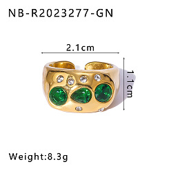 Темно-Зеленый 304 Открытые кольца-манжеты из нержавеющей стали с микропаве из кубического циркония, самородки, реальный 18 k позолоченный, темно-зеленый, 21 мм