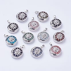 Смешанные камни Природные и синтетические смешанные каменные подвески, с латунной фурнитурой , плоские круглые с солнцем, платина, 28x24x9~10 мм, отверстие : 5x7 мм