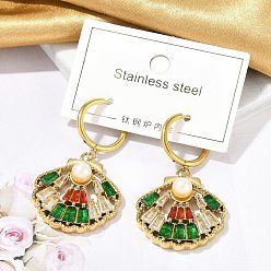 Золотой Ионное покрытие (ip) 304 серьги-кольца из нержавеющей стали с микропаве из кубического циркония, с искусственным жемчугом из платины для женщин, формы раковины, золотые, 45x25 мм