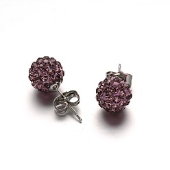 Танзания (продажа фабрики ювелирных изделий) серьги-гвоздики из полимерной глины со стразами, с выводами серьги из нержавеющей стали, цвет нержавеющей стали, танзанитом, 10 мм, штифты : 0.8 мм