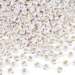 Letter S 500 Uds plateando cuentas de acrílico, metal dorado enlaced, agujero horizontal, plano y redondo con alfabeto, blanco, letra s, 7x3.5 mm, agujero: 1.2 mm