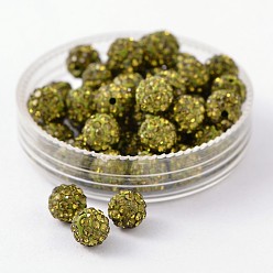 Оливин Бусины со стразами, полимерная глина , pave disco бусины, класс А, половине просверлил, круглые, оливина, 6 мм, отверстие : 1.2 мм