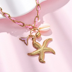 Настоящее золото 18K Ожерелья с подвесками в форме морской звезды и хвоста русалки 304 из нержавеющей стали с эмалью, с веревкой и ракушкой, ионное покрытие (ip), реальный 18 k позолоченный, 17.13 дюйм (43.5 см)