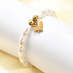 Золотой 304 Браслеты с подвесками в виде бабочек из нержавеющей стали для женщин, с пластиковыми бусинами из искусственного жемчуга, ионное покрытие (ip), золотые, 7 дюйм (17.9 см)