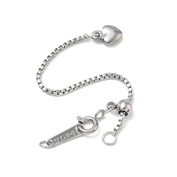 Stainless Steel Color 304 Stainless Steel Box Chain Extenders, with Clasps and Heart Charms, Stainless Steel Color, 67mm