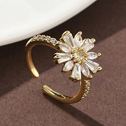 Настоящее золото 18K Кольца-манжеты из цветочной латуни с микропаве из кубического циркония для женщин, без кадмия и без свинца, стойки покрытие, реальный 18 k позолоченный, 13x13.5 мм, размер США 6 1/4 (16.7 мм)