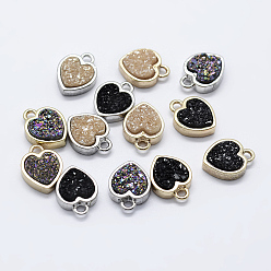 Mixed Color Electroplate Natural Druzy Agate Charm, with Brass Findings, Heart, Mixed Color, 9.5x7.5x3~3.5mm, Hole: 1.5mm