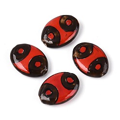 Темно-Красный Ручной фарфоровые керамические шарики, овальные, Famille выросли стиле, темно-красный, 21.5~22.5x16~16.5x6~7 мм, отверстие : 1.5~1.6 мм