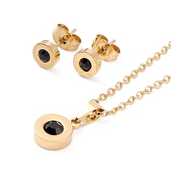 Mixed Color Vacuum Plating Rhinestone Stud Earrings and Pendant Necklaces Sets, with 304 Stainless Steel Findings, Round, Golden, Mixed Color, 17.32~17.52 inch(44~44.5cm), 6mm, Pin: 0.7mm