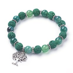Зеленый Эластичные браслеты с круглыми бусинами из натурального камня лавы (окрашенные), с естественным полосатым агатом / полосатым агатом, Подвески из сплава, дерево, зелёные, 2-1/8 дюйм (54 мм)