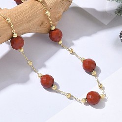 Red Jasper Natural Red Jasper Faceted Flat Round Beaded Chain Necklaces with Matte Brass Beads, 304 Stainless Steel Jewelry for Women, Golden, Long-Lasting Plated, 25.16 inch(63.9cm)