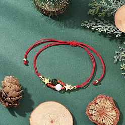 Красный Рождественские тематические стеклянные бусины плетеные браслеты из бисера для женщин, с латунными бусинами и бусинами из тайваньского нефрита и малайзийского нефрита из сердолика, красные, внутренний диаметр: 1-3/4~3-3/8 дюйм (4.5~8.5 см)