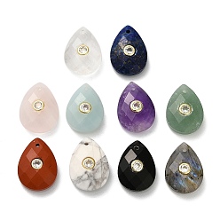 Смешанные камни Природные каменные смешанные подвески, граненые подвески-слезинки с золотистой латунной микропаве прозрачными кубическими цирконами, золотые, смешанные окрашенные и неокрашенные, 18x13x6.5~7 мм, отверстие : 1 мм