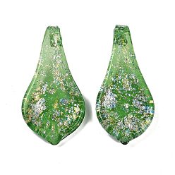 Зеленый Lampwork большие кулоны, с фольгой, лист, зелёные, 57~60x29x10.5 мм, отверстие : 6.5x4.5 мм