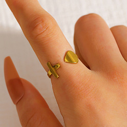 Golden 304 Stainless Steel Cuff Open Rings, Cross & Heart, Golden, 17mm