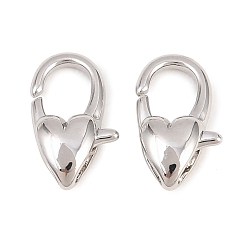 Real Platinum Plated Brass Lobster Claw Clasps, Heart, Real Platinum Plated, 14.5x8.5x4.5mm, Hole: 2.5x1.5mm
