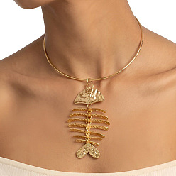 Golden Summer Beach Alloy Fishbone Pendant Cuff Torque Choker Necklaces for Women, Golden, 5.12 inch(13cm)