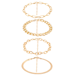 Золотой 4шт 4 набор браслетов из сплава панцирного плетения, кабеля, скрепки и цепочки в елочку для мужчин и женщин, золотые, 7-1/8~7-1/2 дюйм (18~19.1 см), 1 шт / стиль