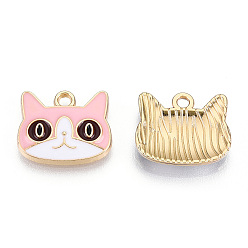 Pink Light Gold Plated Alloy Kitten Pendants, with Enamel, Cat Head Shape, Pink, 13.5x16x3mm, Hole: 2mm