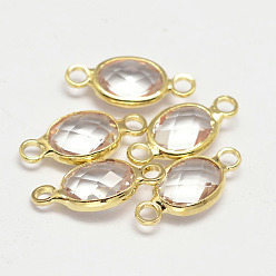 Clear Oval Faceted Golden Brass Glass Links connectors, Clear, 15x7x3.2mm, Hole: 1mm
