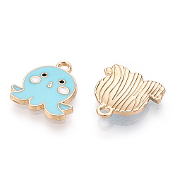 Голубой Экологически чистые подвески из цинкового сплава, с эмалью, без кадмия, без никеля и без свинца, форма осьминога, золотой свет, голубой, 16x15~16x2 мм, отверстие : 1.8 мм