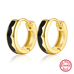 Black 925 Sterling Silver Thick Hoop Earrings, with Enamel, for Women, Real 18K Gold Plated, Black, 12x3mm
