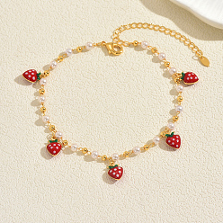 Клубника Браслеты на ногу из богемской латуни с кисточками из красной эмали и искусственным жемчугом, круглой цепочкой для летнего отпуска, золотые, клубника, 8-1/4 дюйм (210 мм)