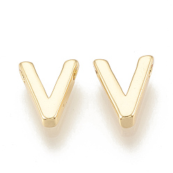 Letter V Brass Charms, Real 18K Gold Plated, Letter.V, 8x7x2mm, Hole: 0.7~0.9mm