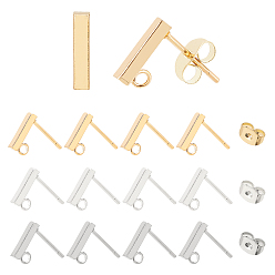 Mixed Color 30Pcs 3 Style 304 Stainless Steel Rectangle Stud Earring Findings, with Loop, with 20Pcs 304 Stainless Steel & 10Pcs Iron Ear Nuts, Mixed Color, 10x2x2mm, Hole: 1.5~1.8mm, Pin: 0.7~0.8mm, 10pcs/style