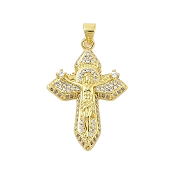 Настоящее золото 18K Крест тема стойка покрытие латунь микро паве кубические цирконии подвески, долговечный, без свинца и без кадмия, Крест с Иисусом, реальный 18 k позолоченный, 33x23x6 мм, отверстие : 3.5x5 мм