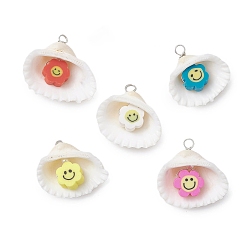 Цветок Подвески из полимерной глины ручной работы в виде натуральной ракушки и улыбающегося лица, с искусственным жемчугом из АБС-пластика и петлями из медной проволоки, платина, разноцветные, цветок, 21.5~25x22.5~27.5x9~10 мм, отверстие : 2~2.5 мм