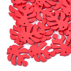 Красный Расписные подвески из тополя, подвески из тропических листьев, лист монстры, красные, 30x24x2.5~3 мм, отверстие : 1.5~2 мм