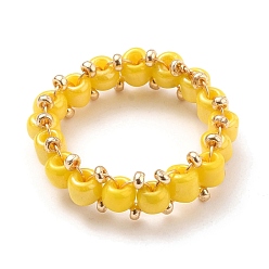 Yellow Round Glass Seed Beaded Finger Rings, with Real 18K Gold Plated Copper Wire, Yellow, US Size 10 3/4(20.3mm)