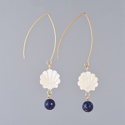 Lapis Lazuli Shell Dangle Earrings, with Natural Lapis Lazuli, Beads, Freshwater Shell Beads and 304 Stainless Steel Earring Hooks, Golden, 75mm, pin: 0.7mm