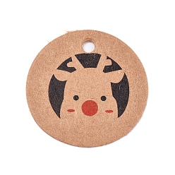 Цвет Древесины Бумажные подарочные бирки, хэндж теги, для декоративно-прикладного искусства, на Рождество, плоский раунд с рождественским оленем / оленем, деревесиные, 30x0.3 мм, отверстие : 3 мм