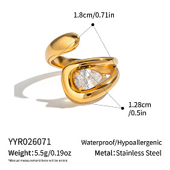Real 18K Gold Plated Irregular 304 Stainless Steel Pave Cubic Zirconia Cuff Open Rings for Women, Real 18K Gold Plated, 12.8mm, Inner Diameter: 18mm