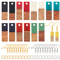 Mixed Color DIY Dangle Earring Making Kits, Including Resin & Walnut Wood Pendants, Brass Earring Hooks, Brass Jump Rings, Rectangle, Mixed Color, Pendants: 20x6.5x3~4mm, Hole: 1.8mm, 8 colors, 4pcs/color, 32pcs/box