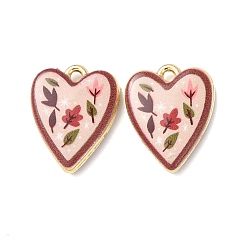 Коричневый Двусторонние печатные подвески из сплава, Подвески в виде сердечек с узором из листьев, стойки покрытие, коричневые, 19.5x15.5x4 мм, отверстие : 1.5 мм