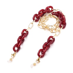 Dark Red Eyeglasses Chains, Neck Strap for Eyeglasses, with Aluminium & Acrylic Paperclip Chains, 304 Stainless Steel Lobster Claw Clasps and Rubber Loop Ends, Light Gold, Dark Red, 28.15 inch(71.5cm)
