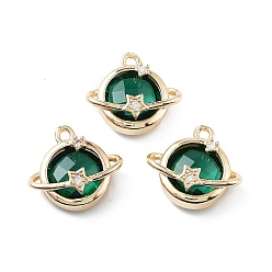 Темно-Зеленый Латунные микро проложить кубического циркония подвески, со стеклом, планета со звездой, темно-зеленый, 15x16.5x6 мм, отверстие : 1.5 мм