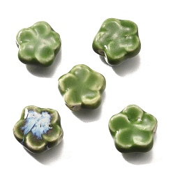 Gris Oliva Cuentas de porcelana hechas a mano, flor, verde oliva, 14.5x15x6.5 mm, agujero: 2 mm