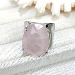 Розовый Кварц Овальные латунные манжеты с натуральным розовым кварцем, платина, внутренний диаметр: 18 мм