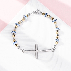 Свет Сапфира 201 из нержавеющей стали ссылку цепи браслеты, с 304 застежками из нержавеющей стали и стразами из полимерной глины для женщин, крестик, света сапфир, 8-1/4~8-1/2 дюйм (20.9~21.7 см)