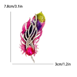 Deep Pink Alloy with Rhinestone Brooches, Feather, Deep Pink, 78x30mm