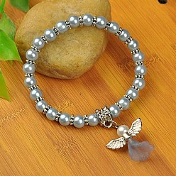 Sky Blue Lovely Wedding Dress Angel Bracelets for Kids, Carnival Stretch Bracelets, with Glass Pearl Beads and Tibetan Style Beads, Sky Blue, 45mm