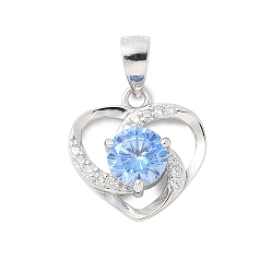 Васильковый Подвески в форме сердца из тонкого серебра с кубическим цирконием, платина, родий, васильковый, 14x13.5x4.5 мм, отверстие : 5x3.5 мм