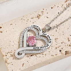 Ярко-Розовый Подвеска в виде сердца из латуни с кубическим цирконием, инкрустированная камнями-талисманами, для женщин., платина, ярко-розовый, 17.72 дюйм (45 см)